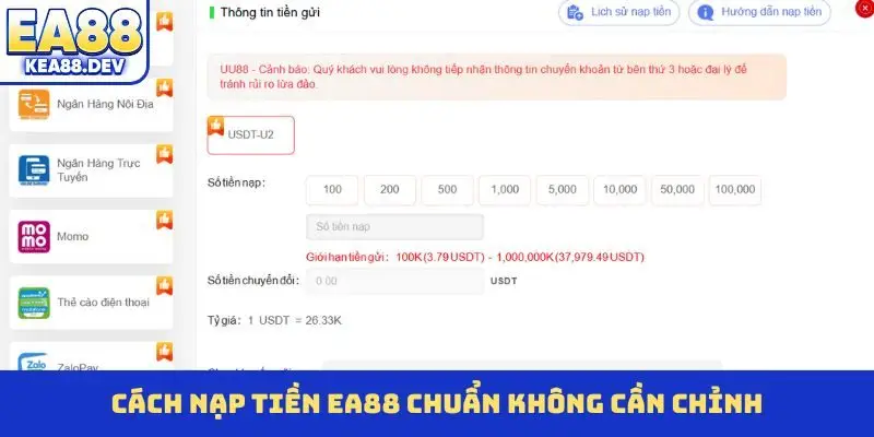 Cách nạp tiền EA88 chuẩn không cần chỉnh